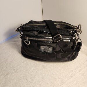 BLACK SATIN SIGNATURE PRINTED CAVAS COACH SHOULDER CROSSBODY TOTE BAG